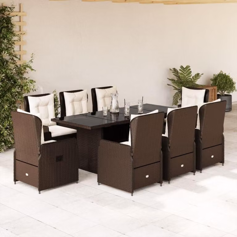 Set di mobili da giardino in polyrattan IKAYAA con tavolo e 8 sedie regolabili, inclusi i cuscini di seduta