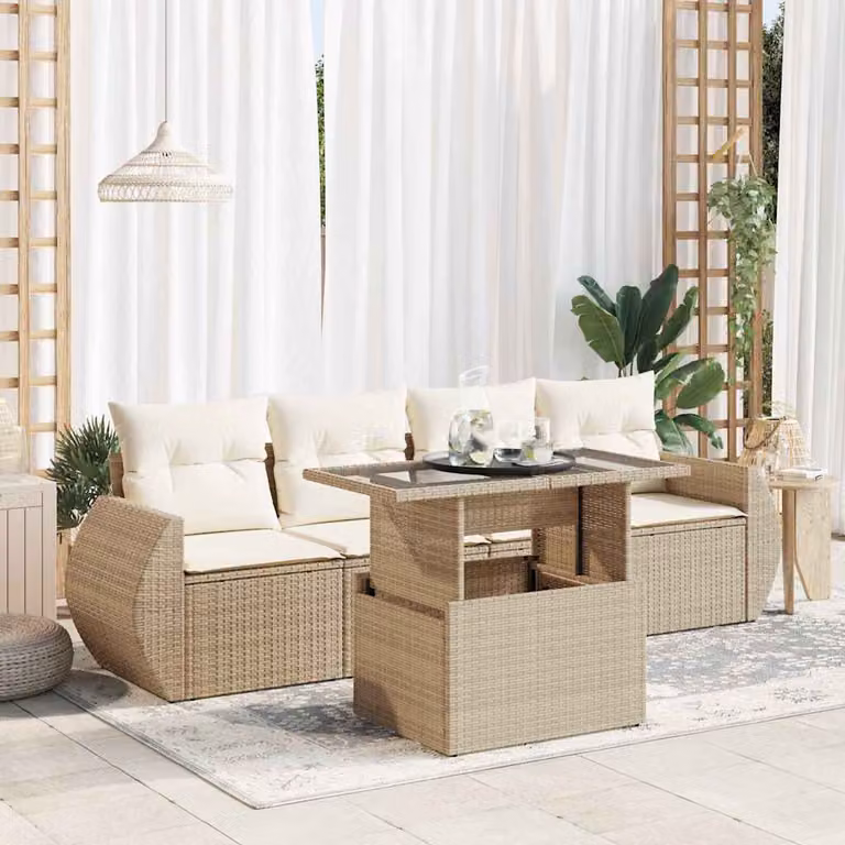 Set Divano da Giardino vidaXL 5 Pezzi con Cuscini Beige e Tavolino in Polyrattan e Metallo