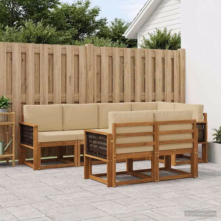 vidaXL Set di divani da esterno 7 pz in legno di acacia con cuscini Beige e Marrone