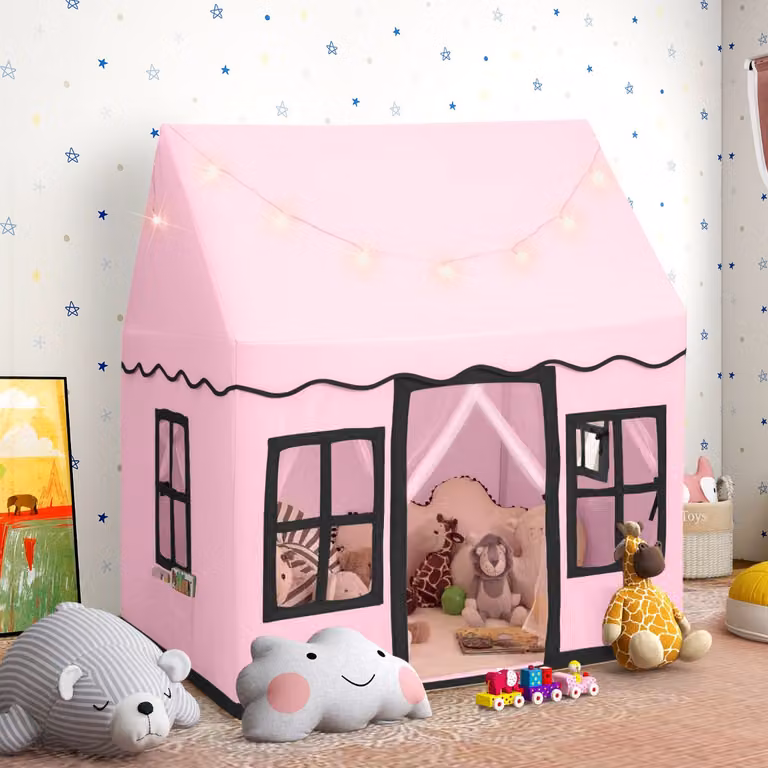 Tenda da gioco Costway per bambini con luci a stella e tappetino in velluto lavabile, casetta per interni ed esterni, Rosa