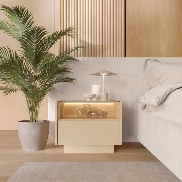 Comodino DMORA in legno e vetro con illuminazione integrata, colore marrone e beige, L 53 cm x P 40 cm x H 43 cm