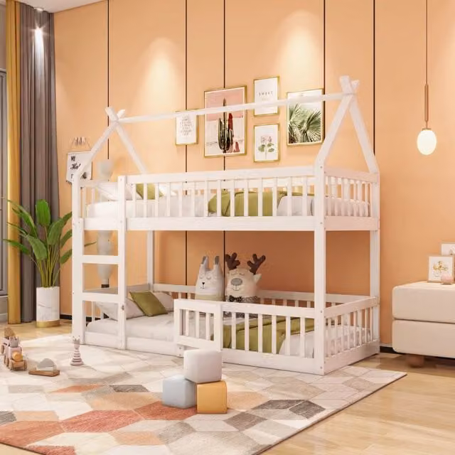 Letto a castello per bambini REDOM in legno bianco con scala, L/P/H: 200 x 90 x 180,5 cm