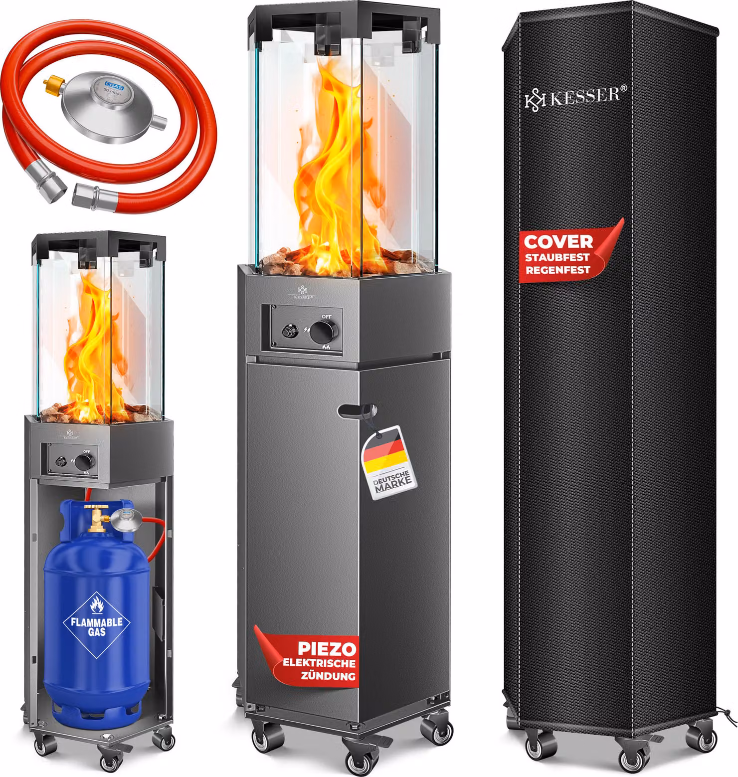 KESSER® stufa a gas radiante 4/8 kW stufa a gas ad accensione piezoelettrica + regolatore di pressione del gas + coperchio, rotelle a 360° protezione antiribaltamento, stufa da patio stufa a gas stufa a gas camino da esterno riscaldamento mobile a fungo,