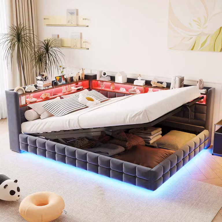 Letto imbottito STILVORA 140x200 cm con materasso, struttura letto con spazio contenitore idraulico e rete a doghe, divano letto con LED, presa di corrente, letto contenitore con porte USB e di tipo C, colore grigio