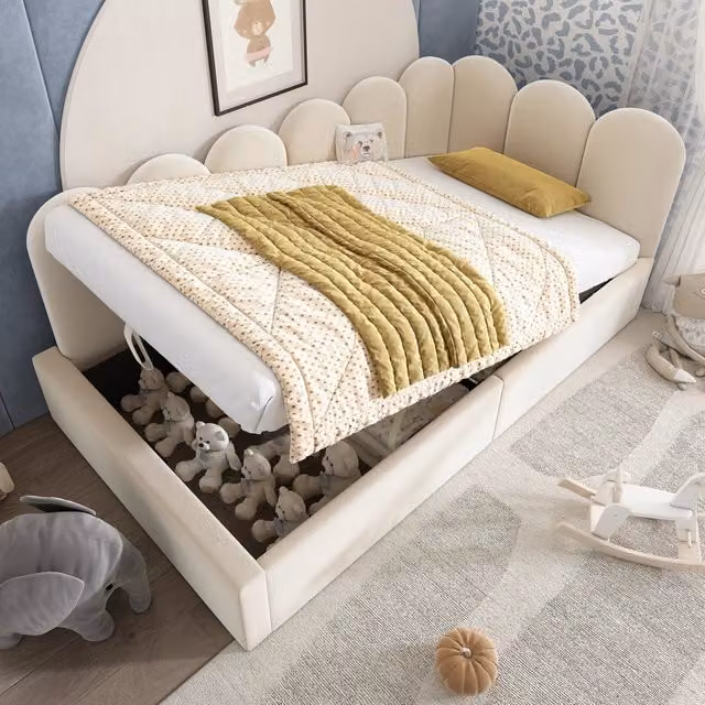 Letto contenitore idraulico 90 x 190 cm con contenitore e rete metallo, letto singolo imbottito in velluto beige, materasso non incluso