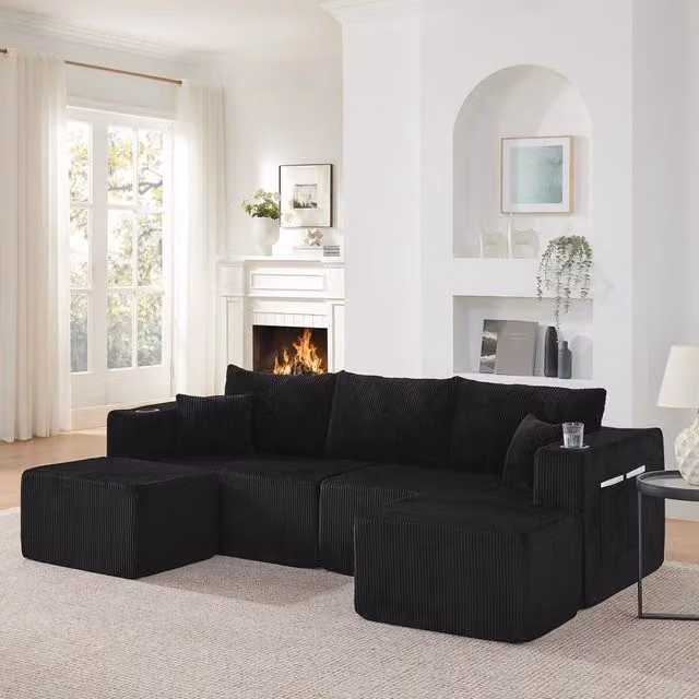 Divano angolare 3 posti ¨C Minimal ¨C nero tessuto con cuscini velluto contenitore gambe in legno massello di pino