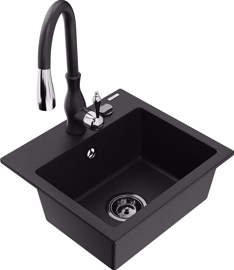 Mexen Milo lavello in granito a 1 vasca con rubinetto da cucina Savita, nero - 6505-77-672601-70-B
