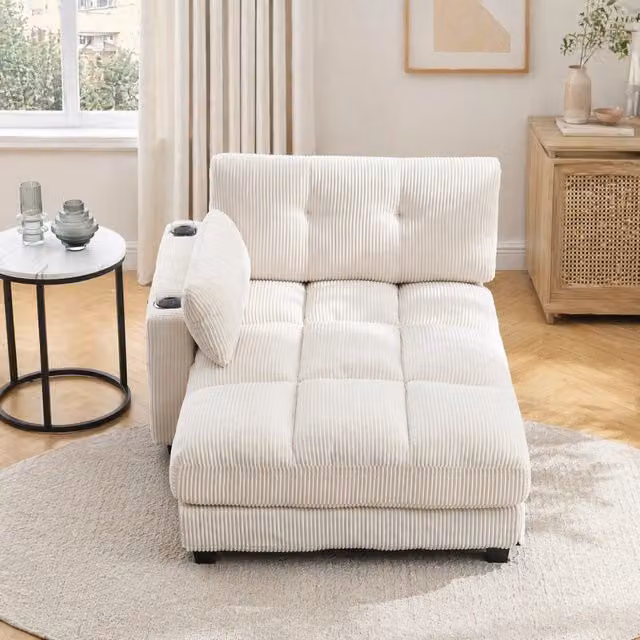 Poltrona relax in corduroy con USB; portabicchieri e tasche laterali; beige 140x112x81 cm
