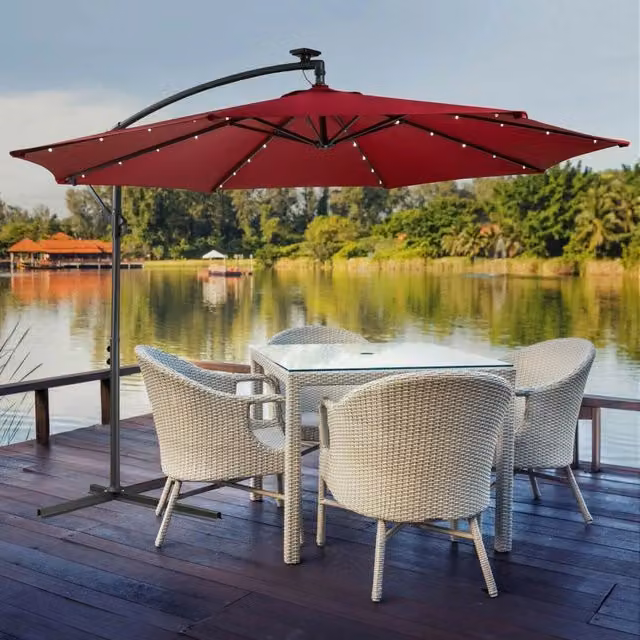 Ombrellone laterale ottagonale Ludex bordeaux con illuminazione LED a pannello solare, diametro 3 m