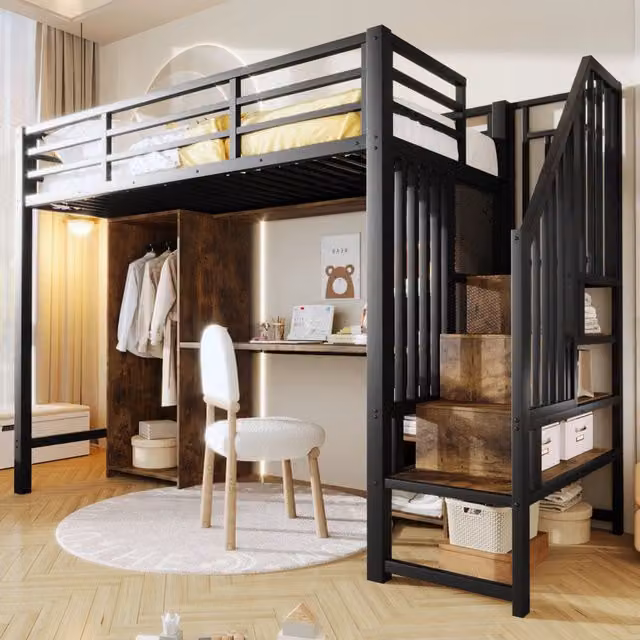 Letto a soppalco 90x200 cm con guardaroba; scrivania e contenitori in metallo nero