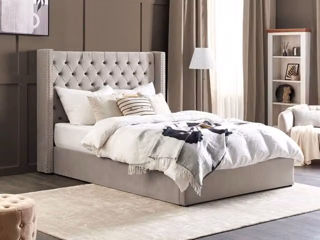 Letto contenitore Beliani in velluto grigio chiaro e argento stile glamour L/P: 160 x 200 cm – 1