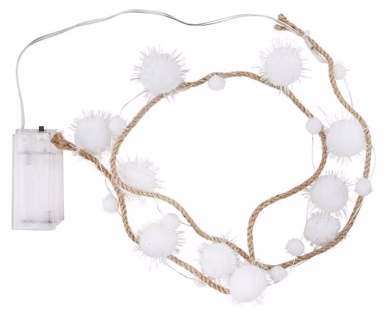 Catena luminosa a LED, 20 LED bianchi caldi, pompon, nastro di iuta, 130 cm