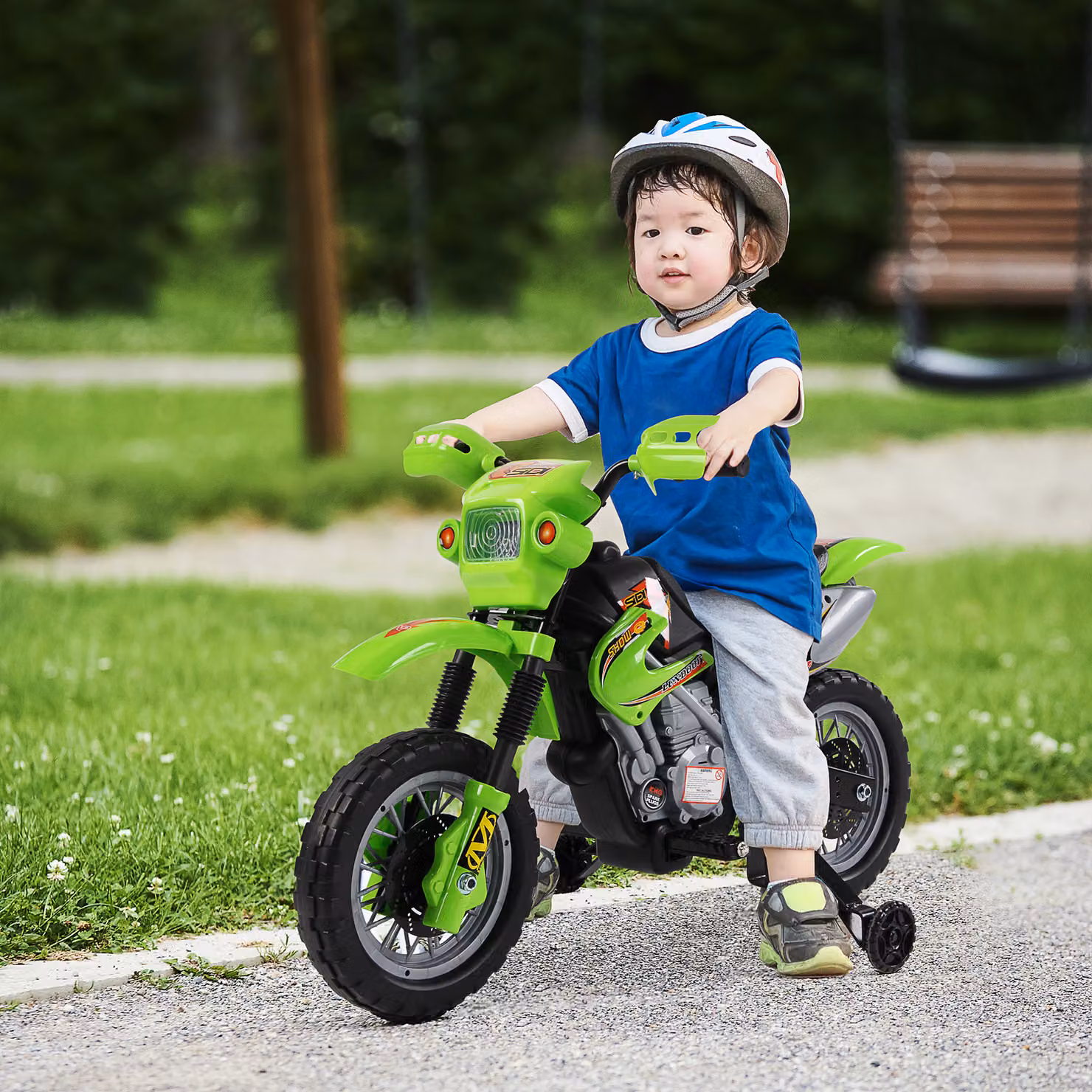 Moto Cross Elettrica Aosom Verde con Rotelle per Bambini dai 3 Anni in su, Batteria 6V, L: 102 cm, P: 60 cm, H: 66 cm – 2