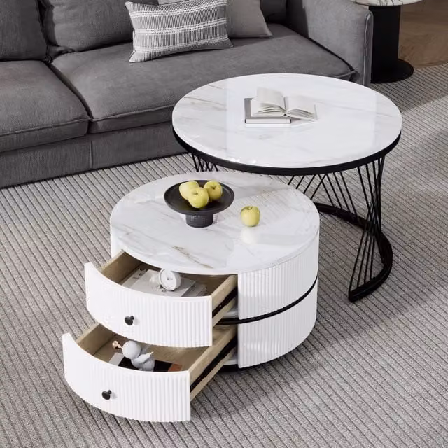 Tavolini bassi a incastro rotondi set di 2 con 2 cassetti in MDF bianco effetto marmo lucido