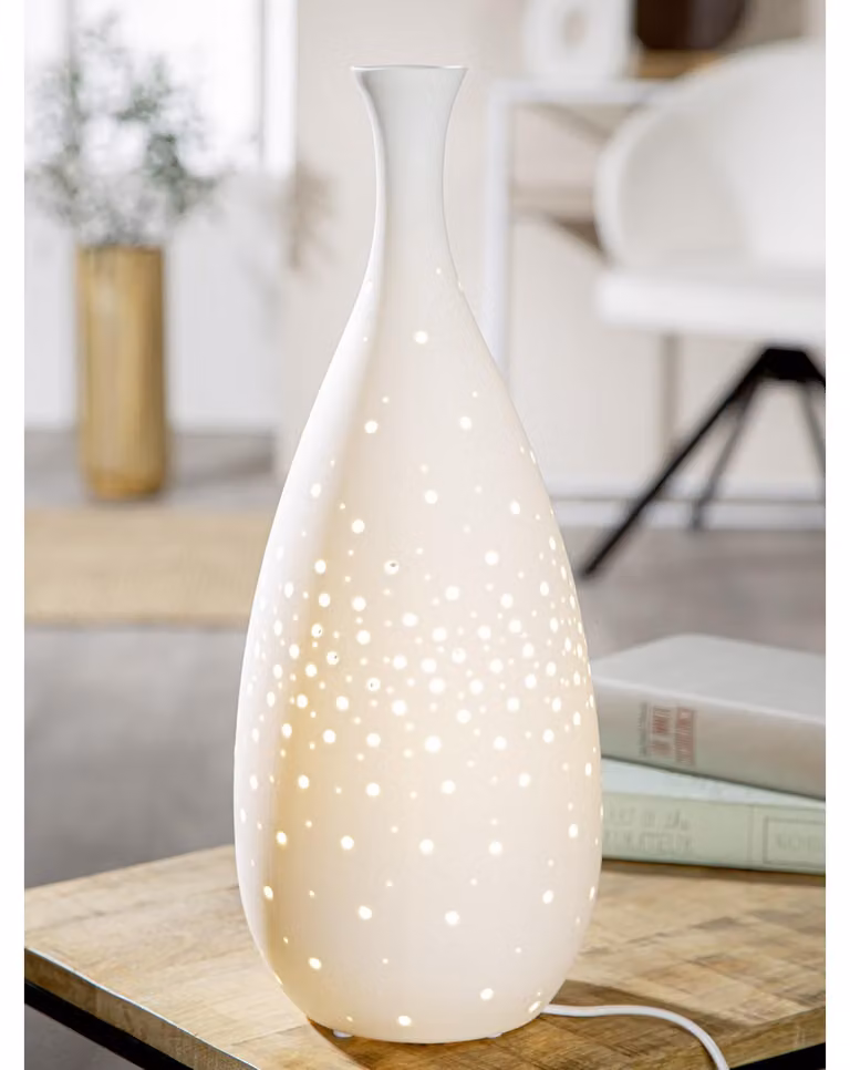 Lampada da tavolo "Galaxy" della serie Gilde, in porcellana bianca, confezione da 1, altezza 42 cm, diametro 16 cm. Codice prodotto: 57812. Codice EAN: 4063387578124
