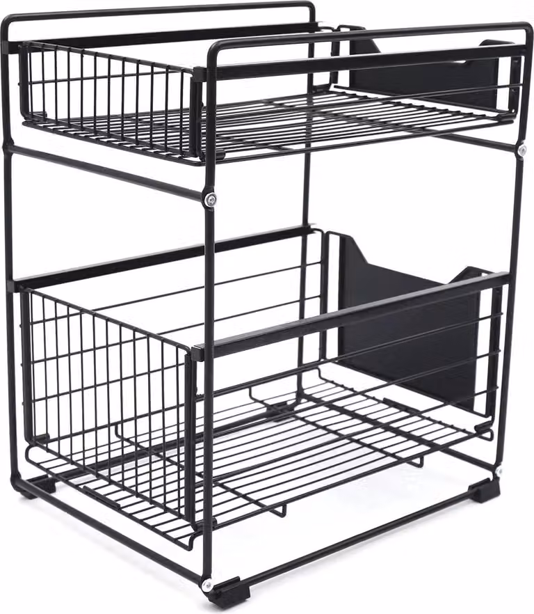 Organizer estraibile per armadio - Scaffale scorrevole a 2 ripiani/scaffale per spezie - Regolabile in altezza - Acciaio al carbonio per carichi pesanti - 37,4×28,2×44 cm - Larghezza cestello 26,5 cm - Nero
