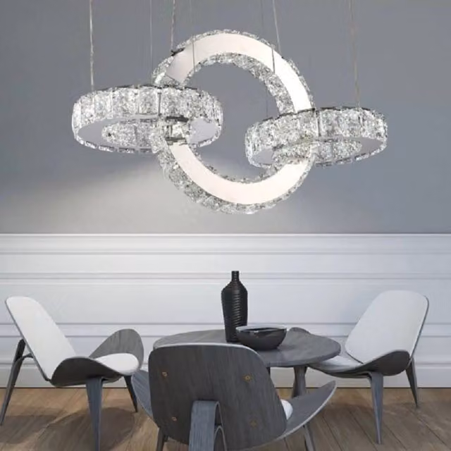 Lampadario a sospensione Trade Shop Design Moderno con Cerchi in Cristallo e Metallo Cromato, LED 25W, Luce Bianco Freddo