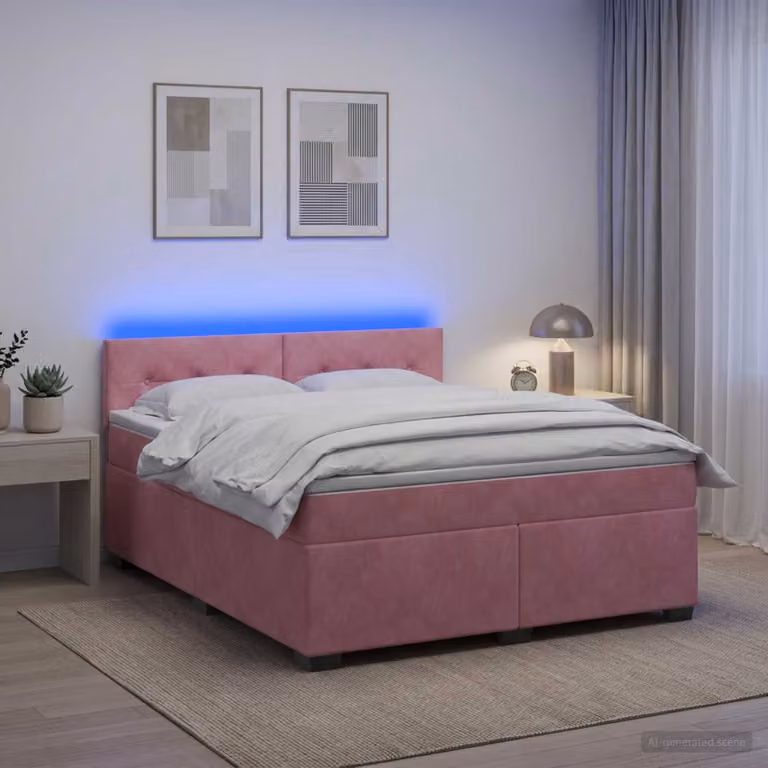 Letto con Box Spring, Materasso e LED vidaXL in Velluto Rosa, L/P: 160 x 200 cm