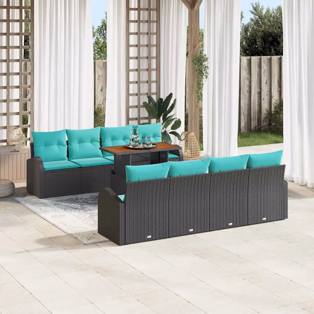Set Divano da Giardino vidaXL a forma a U in Rattan con 9 pezzi, Colore Nero e Turchese, con Tavolino, Ottoman e Cuscini Inclusi