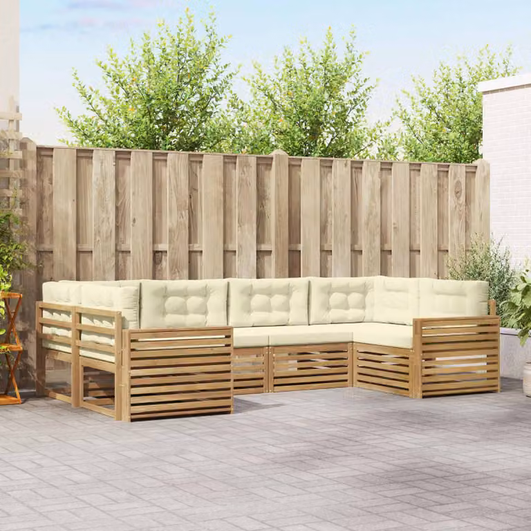 vidaXL Set di divani da esterno a L composto da 6 pezzi in legno di acacia con cuscini bianchi e beige