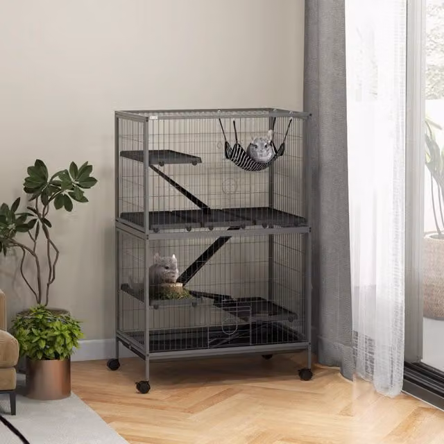 Gabbia per piccoli animali OKWISH a 4 livelli in metallo grigio con 4 porte, 4 ruote e fondo estraibile