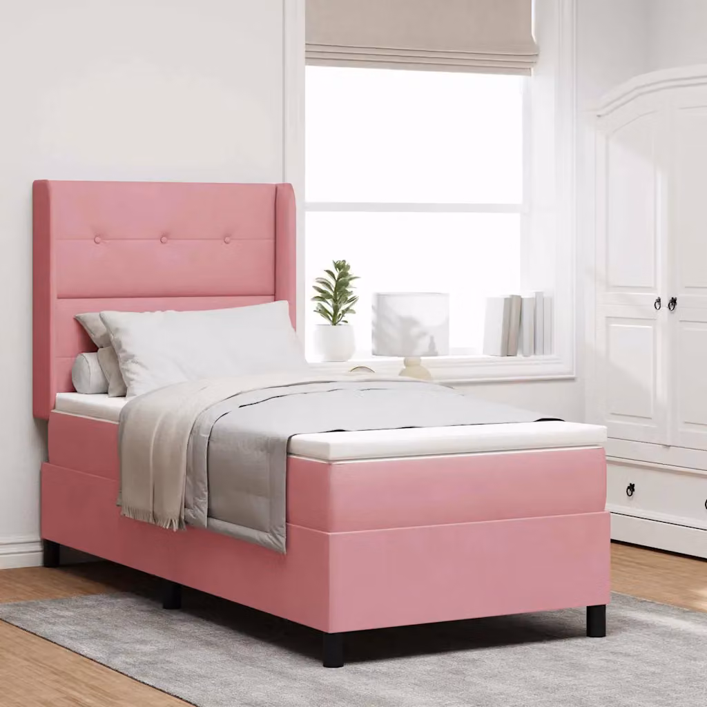Letto a molle con illuminazione LED vidaXL in velluto rosa, L/P/H: 190 x 90 x 28 cm