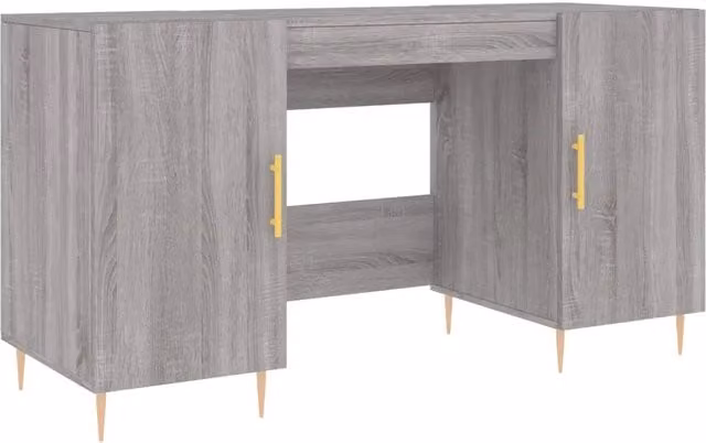 Scrivania da ufficio in stile industriale con piano in legno e struttura in metallo, colore grigio, L 140 cm x P 50 cm x H 75 cm