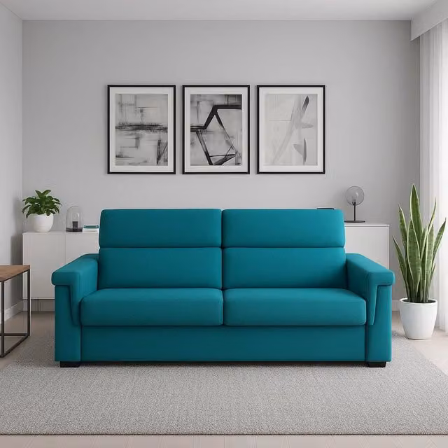 Divano Flaibano DMORA a 2 posti, design moderno con rivestimento in tessuto azzurro e fodere rimovibili, L: 205 cm, P: 95 cm, H: 100 cm