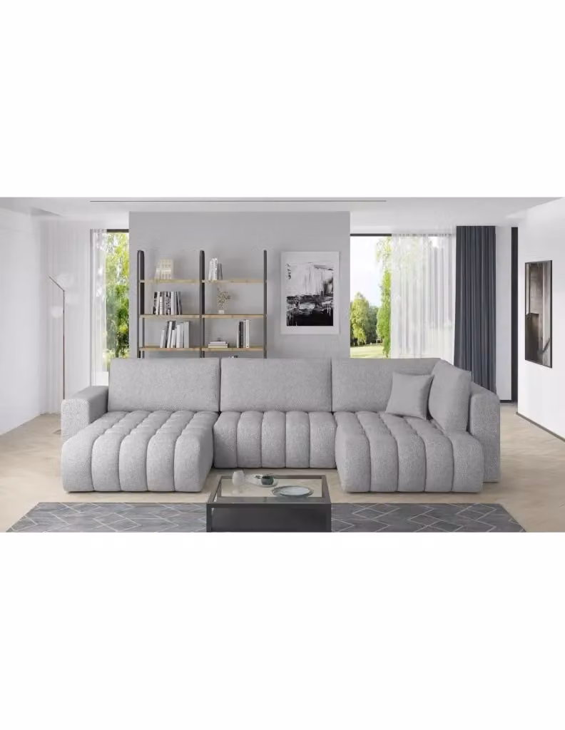 Divano angolare convertibile BONITA MEUBLORAMA da 6 posti, grigio, con struttura in legno e tessuto, lato sinistro, L/P/H: 350 x 175 x 92 cm – 2