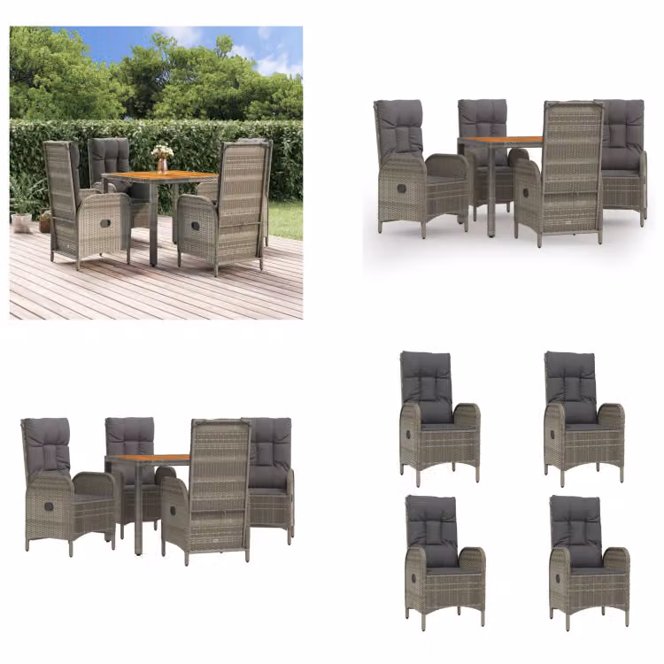 vidaXL Set da pranzo da giardino 5 pezzi con cuscini in poly rattan grigio - Set da pranzo da giardino - Set da pranzo da giardino - Set da pranzo da terrazza