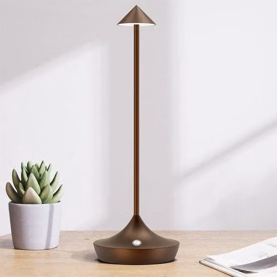 Lampada da tavolo LED ricaricabile senza fili in metallo marrone con controllo touch e regolazione della luminosità per interno ed esterno