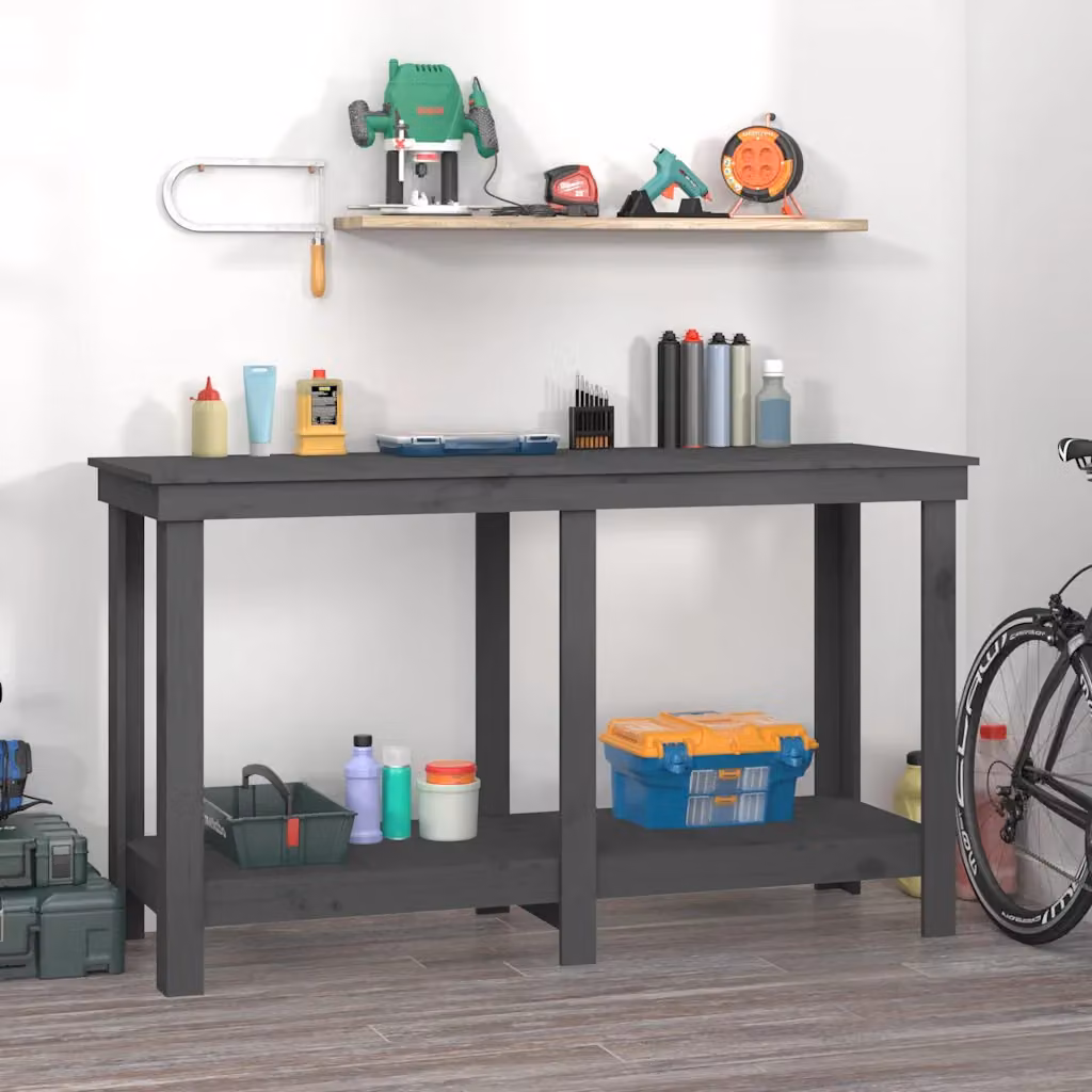 vidaXL Banco da Lavoro in Legno Massello di Pino Grigio L/P/H: 140 x 50 x 80 cm