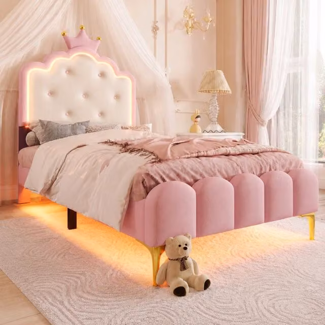 Letto imbottito principessa 90x200 cm con rete a doghe, illuminazione ambientale rosa in PU