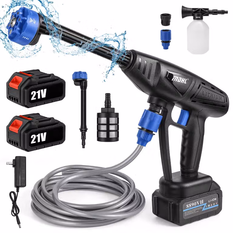 Idropulitrice a batteria - Pistola di pulizia senza fili - 26 bar - 6 modalità di spruzzo - 2 batterie - Ugello in ottone - Contenitore per schiuma - Blu