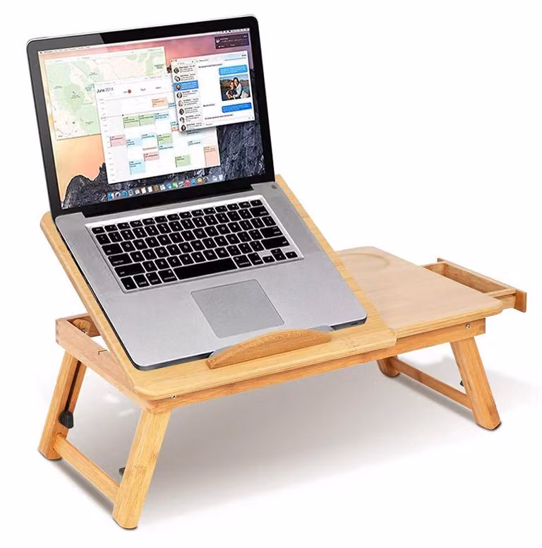 Omgoods - Scrivania portatile in bambù, leggera - Tavolo regolabile per laptop - Tavolino da usare in piedi o seduti - Tavolino da letto - Scrivania portatile con cassetto - Porta bicchieri