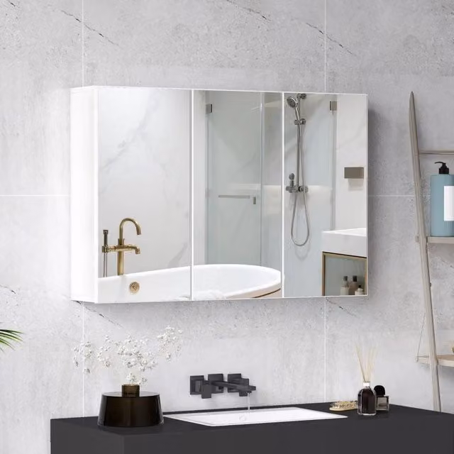 Armadio a specchio da bagno ULEVR 90x15,5x60 cm con 3 ante specchiate e 5 ripiani, bianco