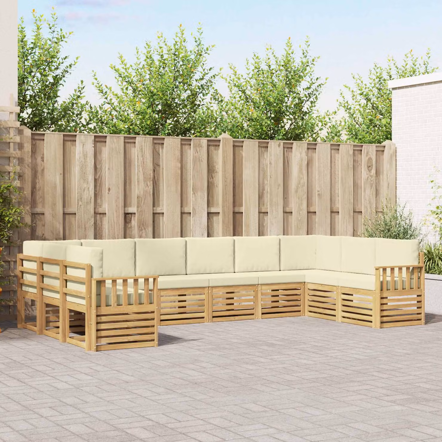 vidaXL Set di divani da esterno a L composto da 7 pezzi in legno di acacia con cuscini bianchi e beige in poliestere resistente ai raggi UV
