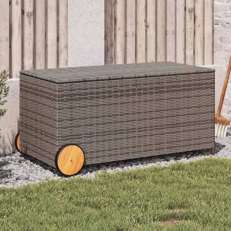 vidaXL Contenitore da Giardino in Polyrattan Grigio con Ruote e Coperchio Rimovibile