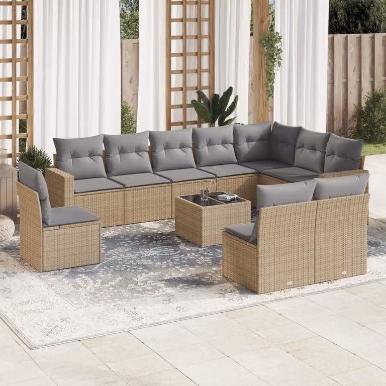 vidaXL Set Divani da Giardino 11 pz in Polyrattan con Cuscini Beige e Tavolino da Esterno