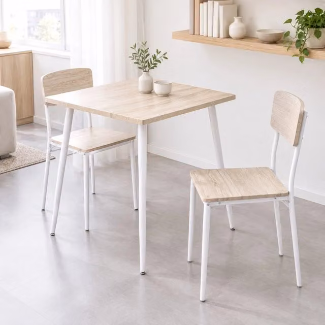 Set da pranzo 3 pezzi con tavolo quadrato 70x70 cm e 2 sedie MDF e metallo bianco con finitura effetto legno naturale