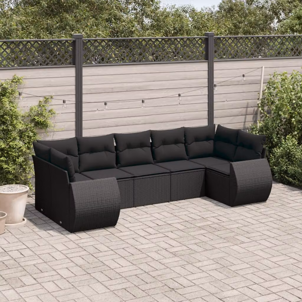 Set di Divani da Giardino a L vidaXL in Polyrattan Nero con 7 Cuscini e Struttura in Metallo – 1