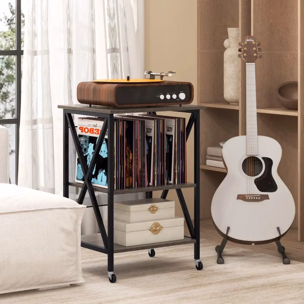 Supporto per giradischi Design Mania con stazione di ricarica integrata ed espositore per dischi in metallo e legno, Grigio opaco – 2