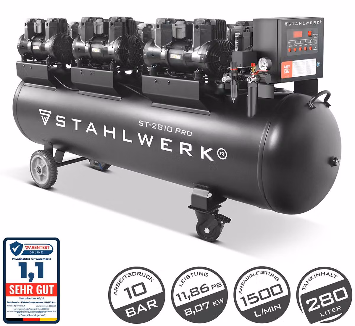 STAHLWERK Compressore 10 bar 280 L 11,83 CV 8,70 kW 1500 l/min Compressore ad aria compressa