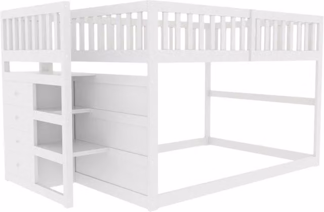 Letto a castello basso 140x200 cm in legno bianco con protezioni alte e scala con cassetti DESMIU