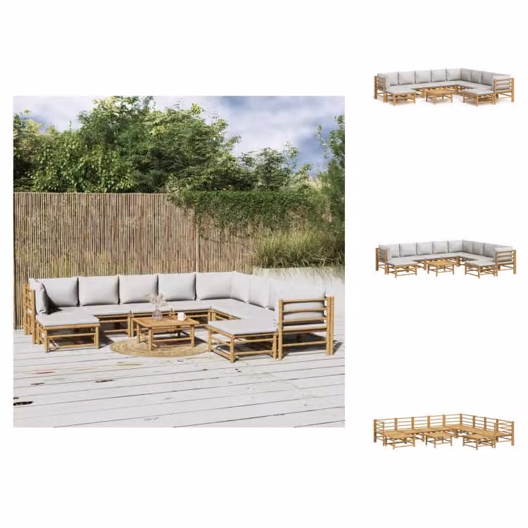 vidaXL Set di 11 pezzi per salotto da giardino con cuscini in bambù grigio chiaro - Set di mobili da giardino