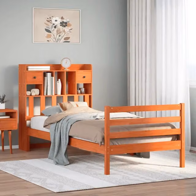 Letto Libreria VIDAXL in Legno di Pino Marrone Cera con Scaffali e Cassetti L/P/H: 190 x 75 x 151 cm – 1