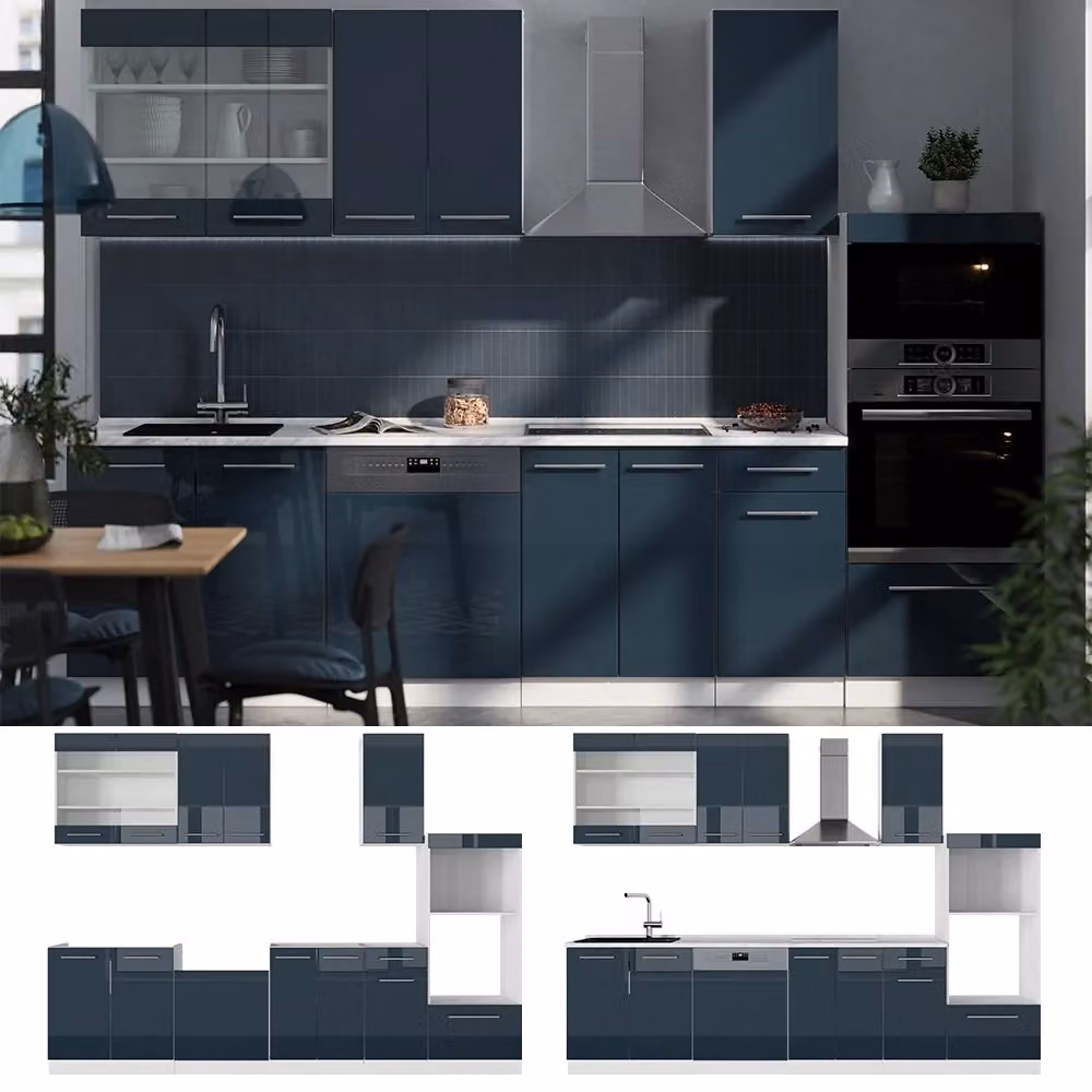 Cucina componibile moderna Vicco Fame-Line Blu scuro lucido e Bianco, L: 300 cm – 2