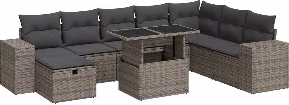 Set Divano da Giardino 9 pz con Cuscini Grigio in Polyrattan