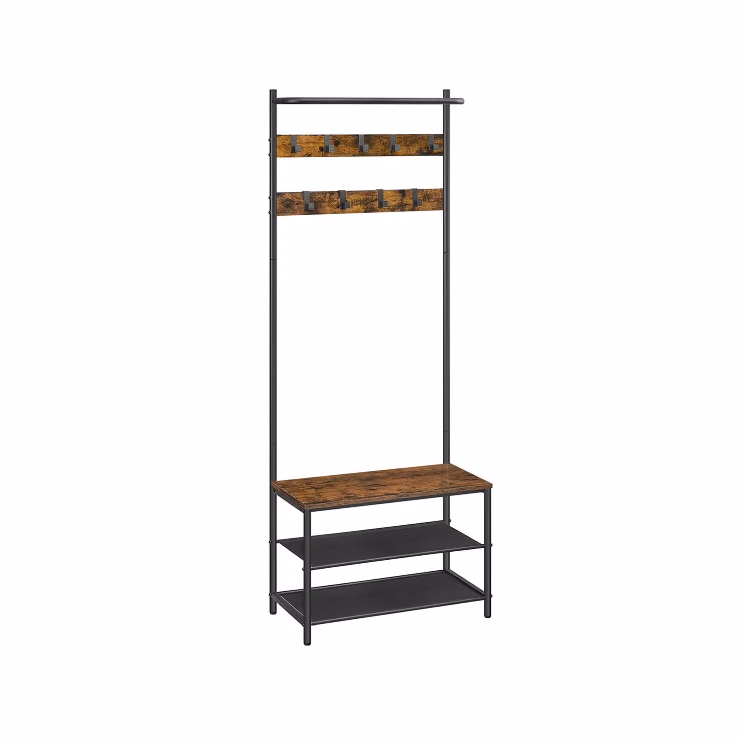 Appendiabiti da Ingresso con Panca Scarpiera, Marrone Vintage + Nero / 32,2 x 64 x 180 cm