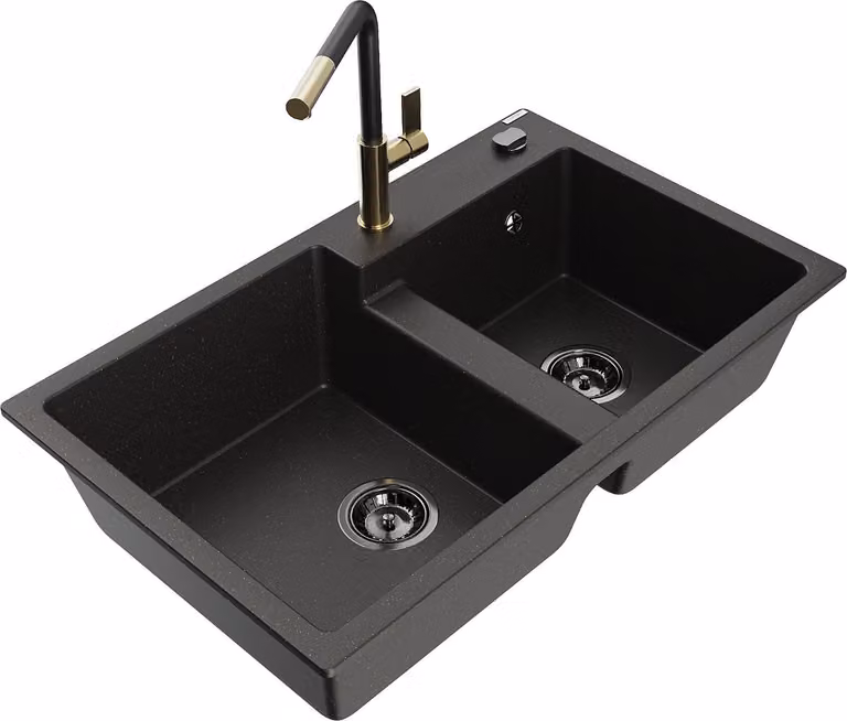 Mexen Tomas lavello in granito a 2 vasche con rubinetto da cucina Flora, nero/oro metallizzato - 6516-75-670401-57-B